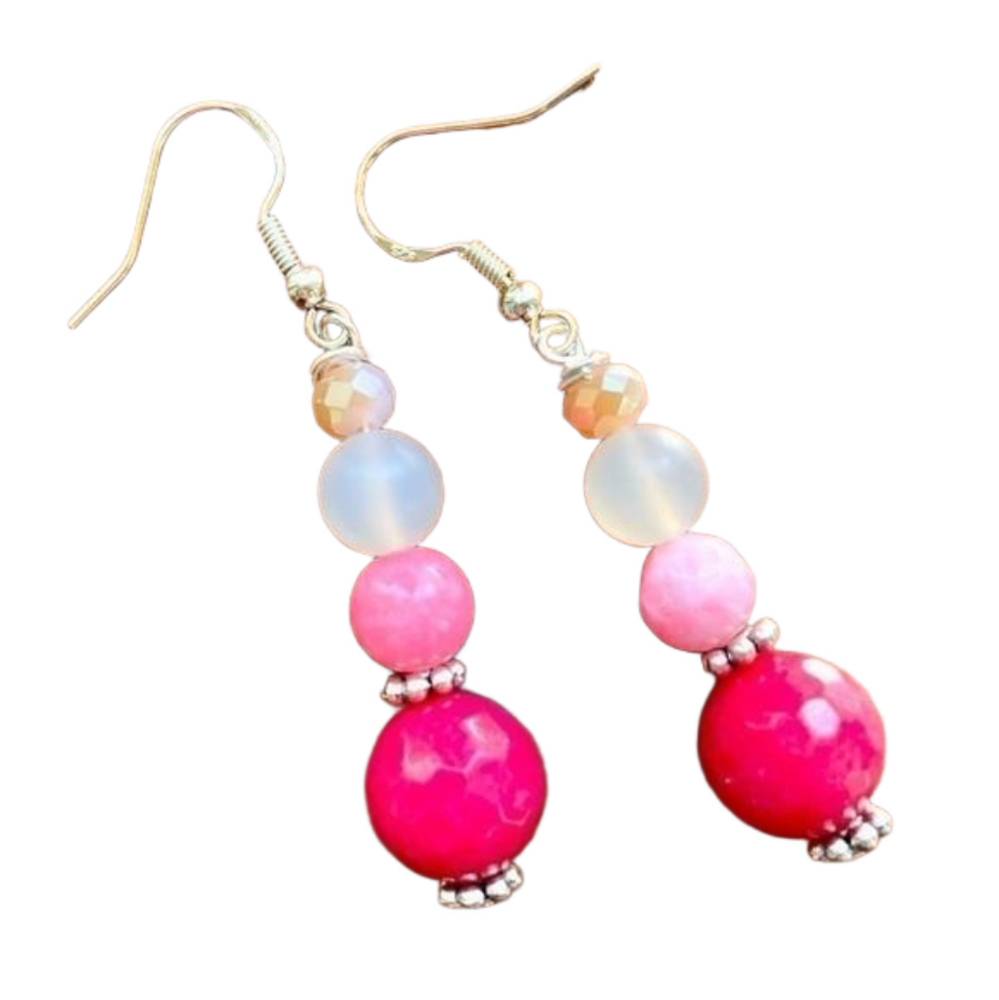 Sterling Silver Earrings Bead Handmade Raspberry Gradient Pink Genuine Stone - Picture 5 of 5